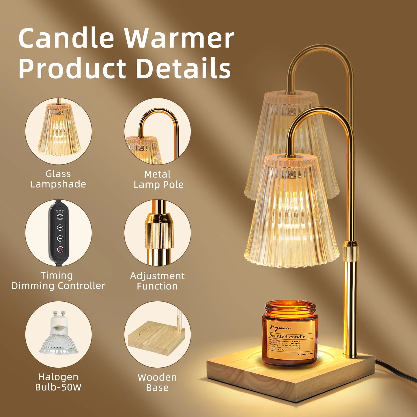 Electric Candle Warmer Lamp - Adjustable Height with Timer for Large Scented Candles