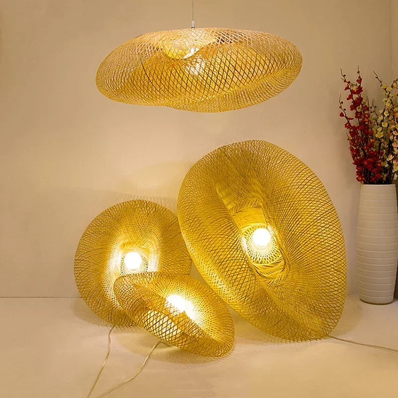 HandMade Vintage Bamboo Weaving LED Pendant Light E27 Home Hanging Chandelier Lighting Living Room Kitchen Rattan Woven Lamp