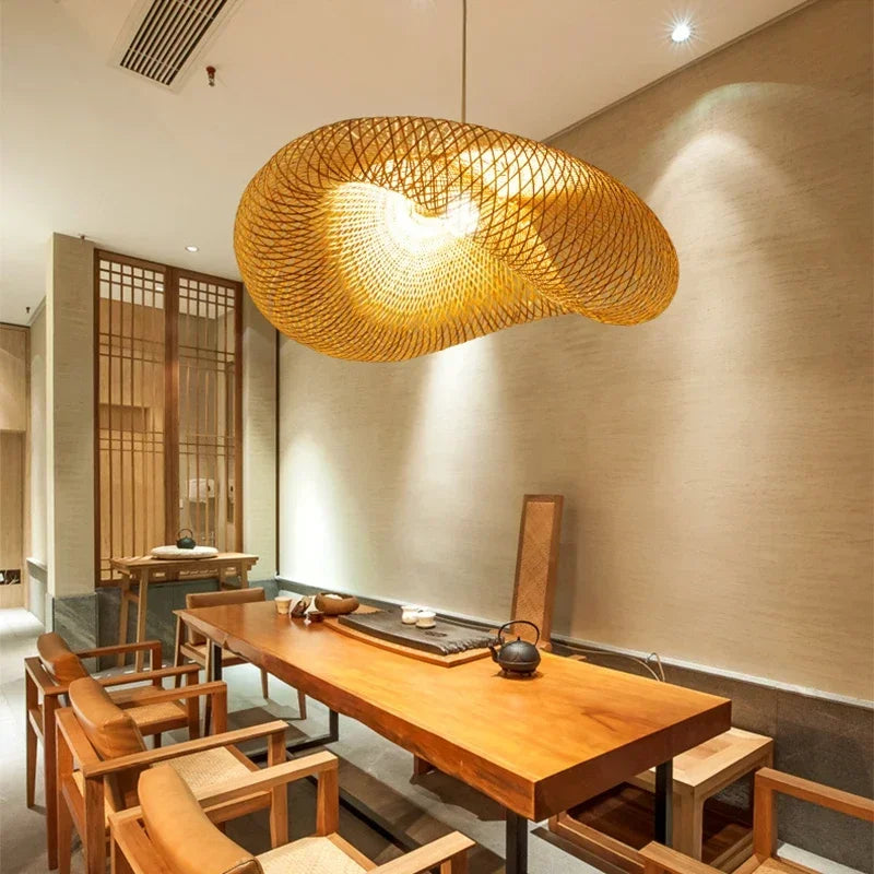 HandMade Vintage Bamboo Weaving LED Pendant Light E27 Home Hanging Chandelier Lighting Living Room Kitchen Rattan Woven Lamp