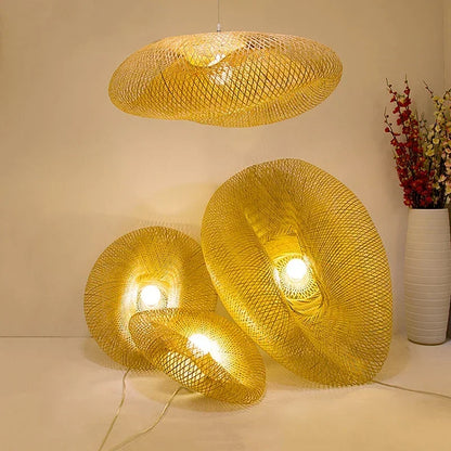 HandMade Vintage Bamboo Weaving LED Pendant Light E27 Home Hanging Chandelier Lighting Living Room Kitchen Rattan Woven Lamp